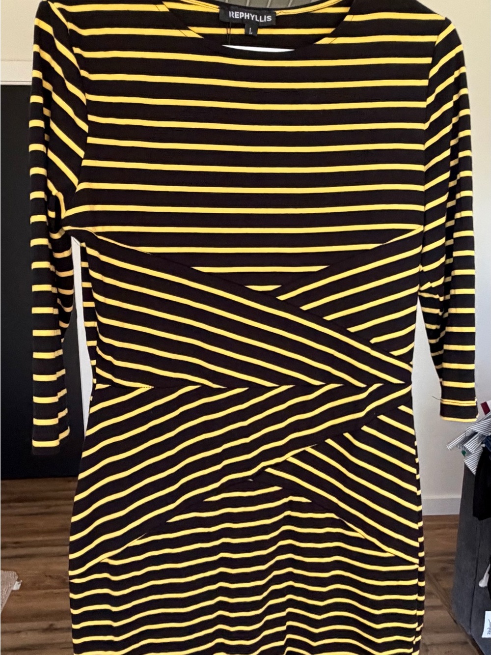 Rephyllis Black & Yellow Striped Midi Dress Size Large NWT